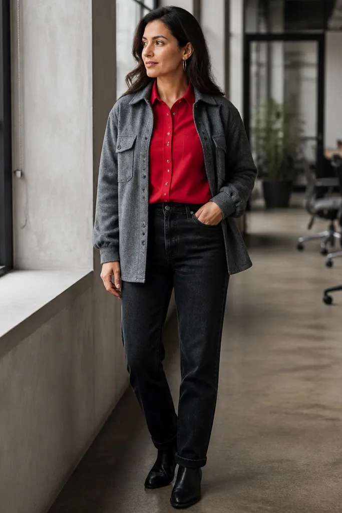 Red shirt with black jeans and a gray overshirt