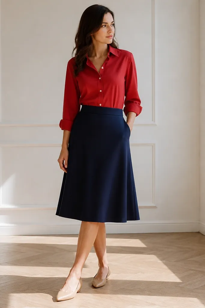 Red button-up with a navy skirt and nude flats