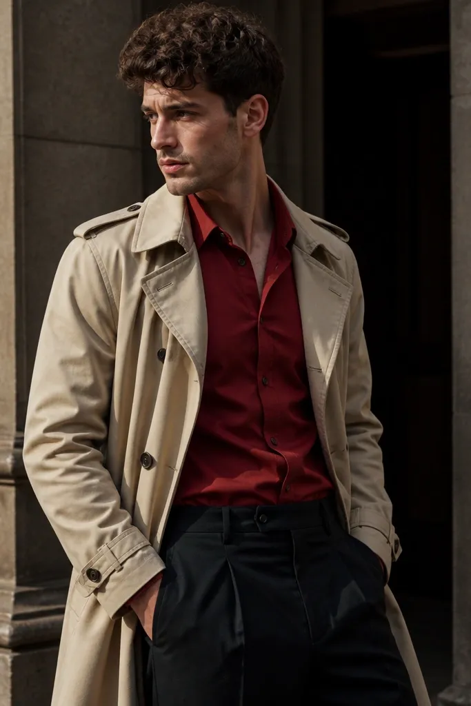 Red shirt under a beige trench coat with dark trousers