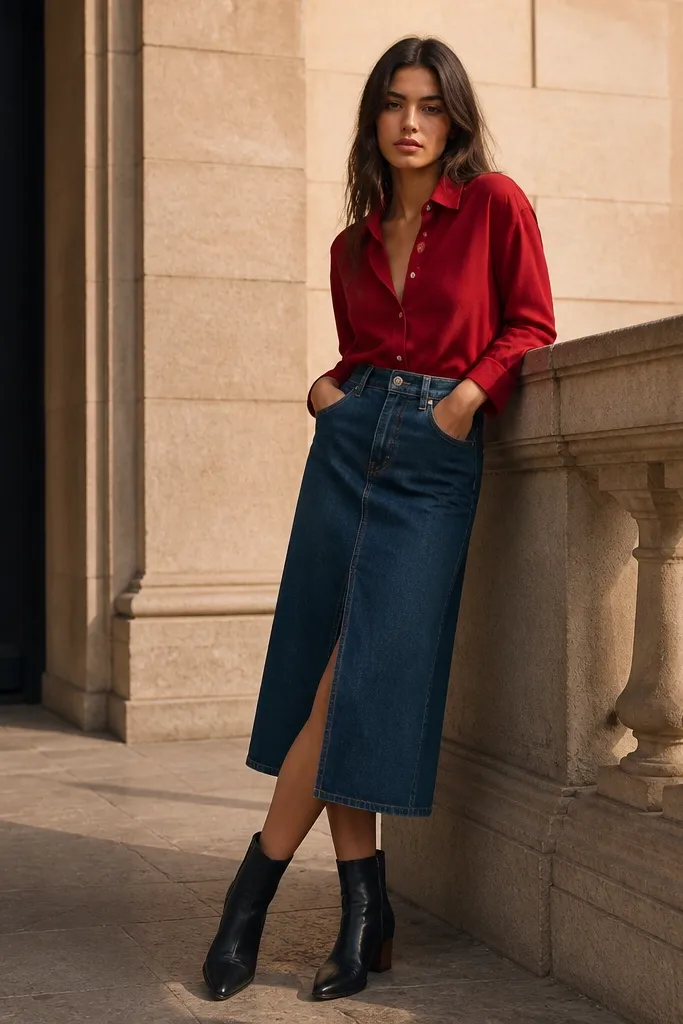 Red button-up with a denim midi skirt and ankle boots