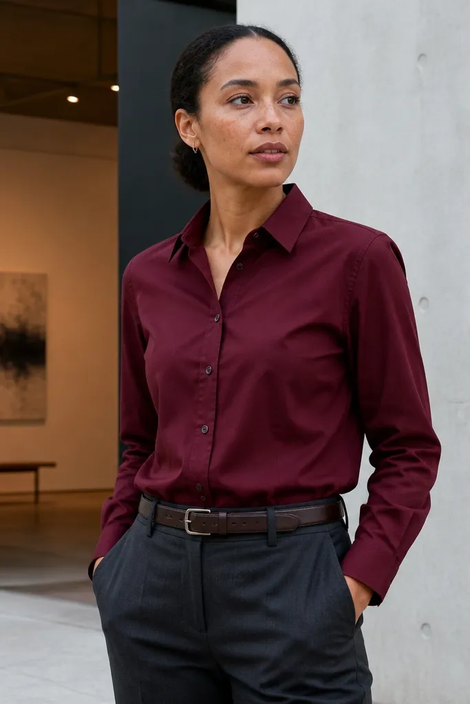 Burgundy button-down with charcoal trousers and dark brown leather belt