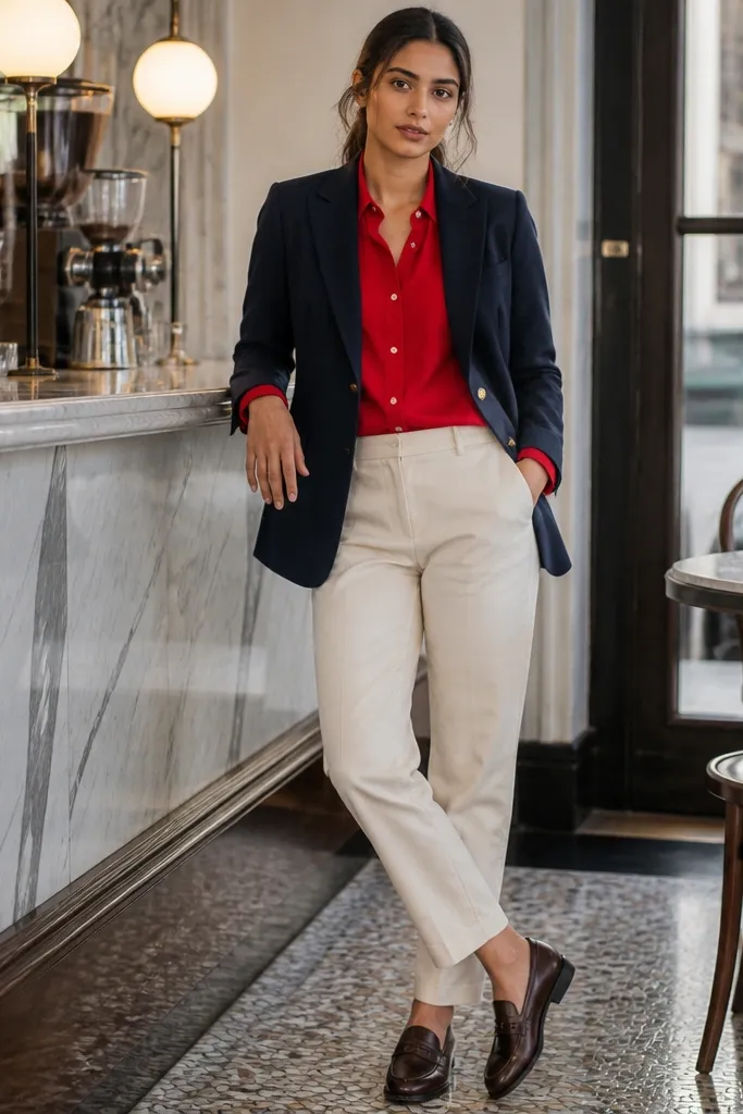 True red oxford shirt with navy blazer and off-white chinos