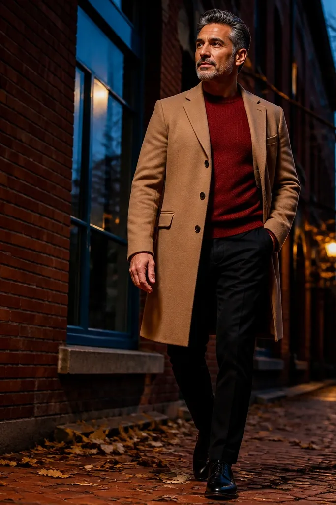 Red crew knit sweater with camel overcoat and black trousers