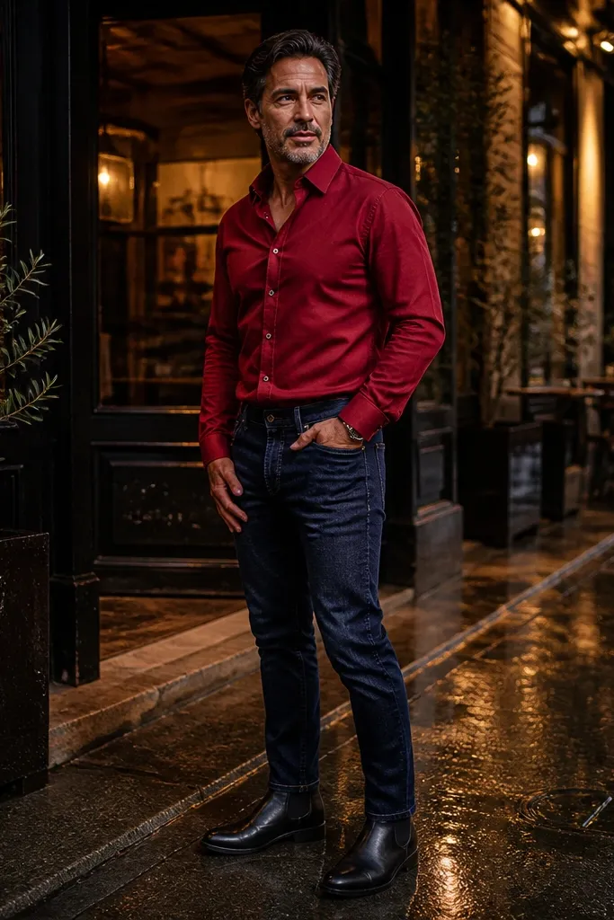 Red button-down with dark indigo jeans and black Chelsea boots
