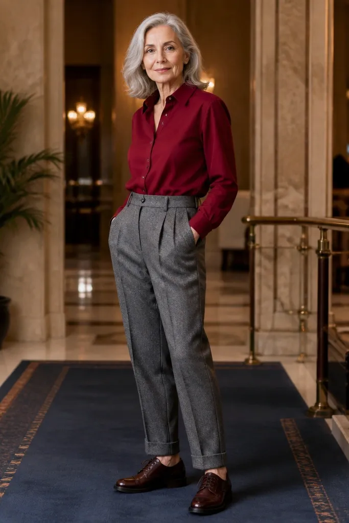 Crimson dress shirt with gray flannel trousers and leather derby shoes