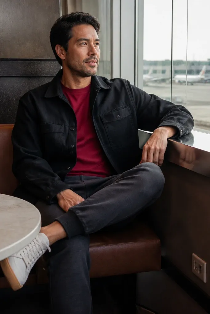 Red shirt under a black overshirt with charcoal joggers and dark sneakers