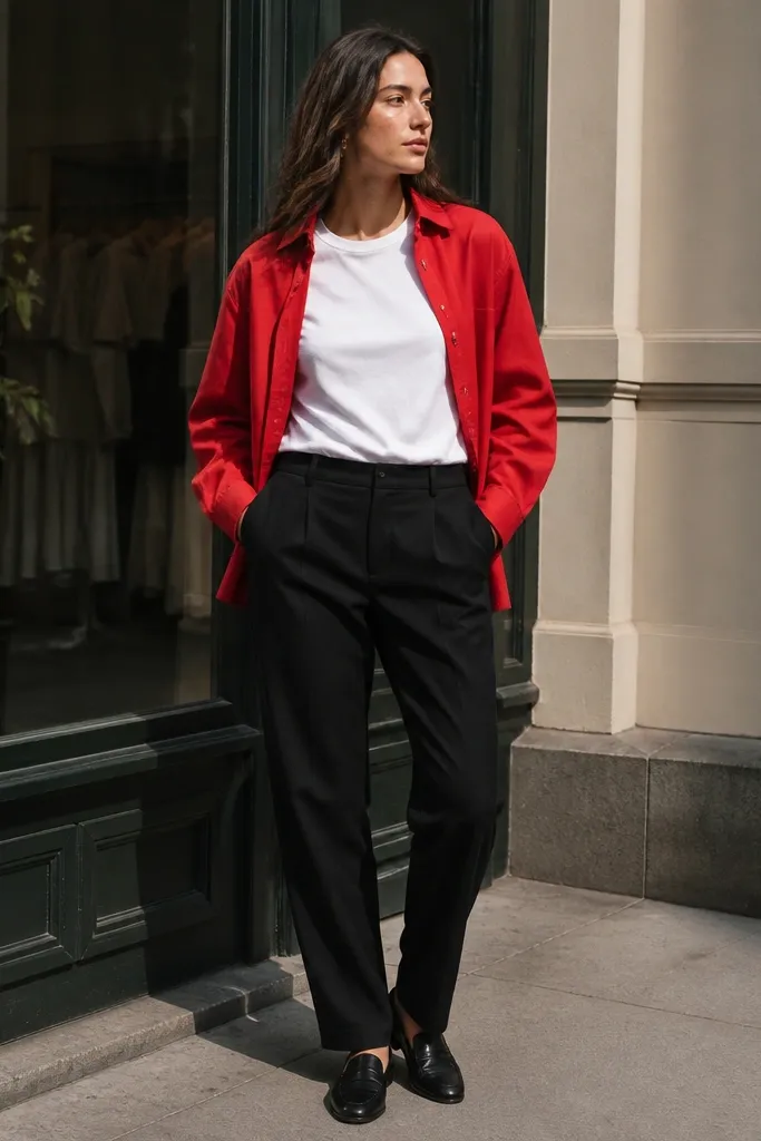 Red overshirt over a white tee with black suit trousers and loafers