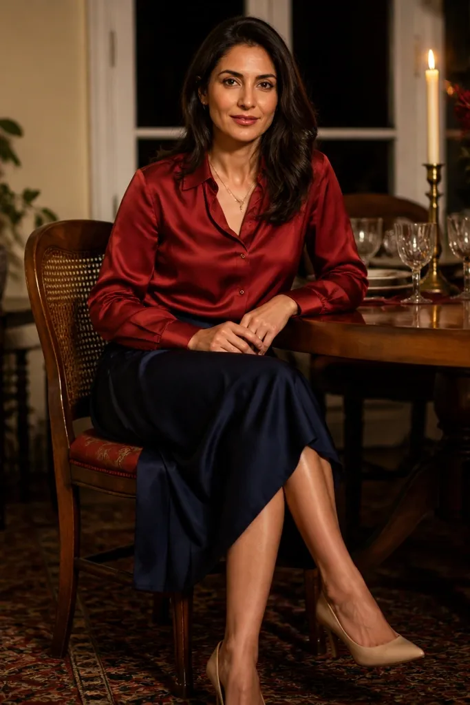 Red satin-look shirt with navy skirt and nude heels