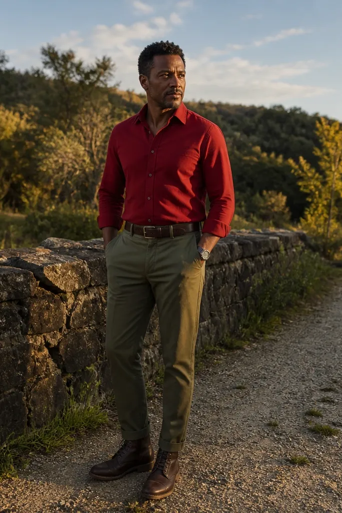 Deep red shirt with olive chinos and brown leather boots