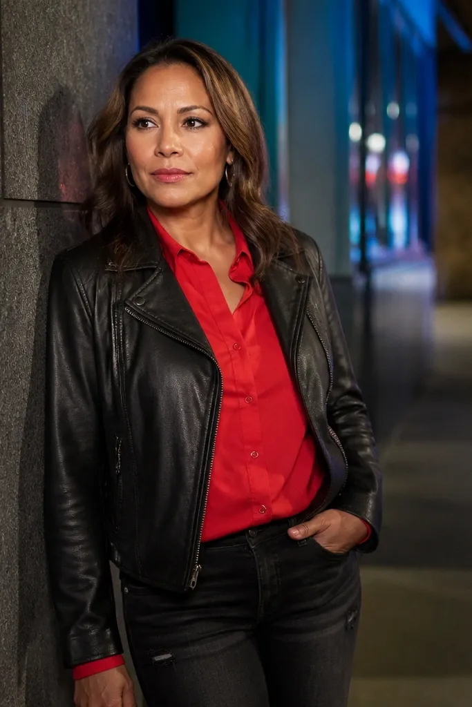 Red shirt under a black leather jacket with dark jeans