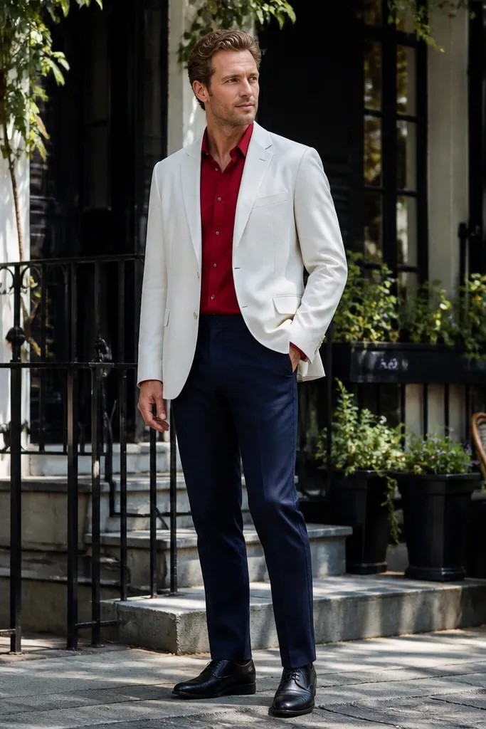 Red shirt with white blazer and navy trousers