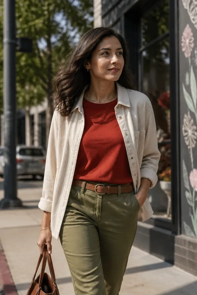 Red tee under a cream overshirt with olive chinos