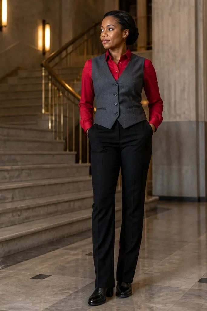 Red shirt under a gray suit vest with black trousers