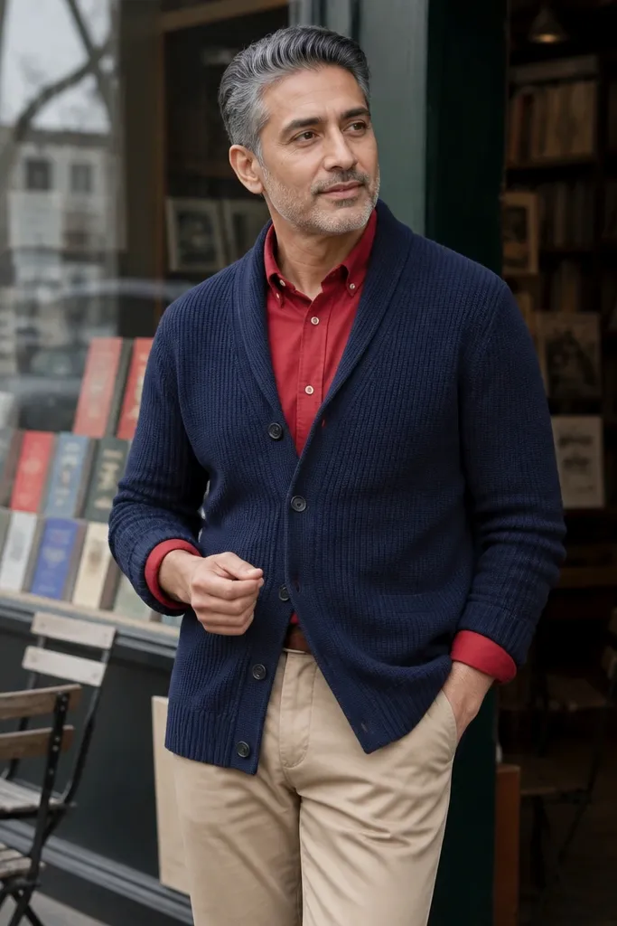 Red shirt with navy cardigan and khaki chinos