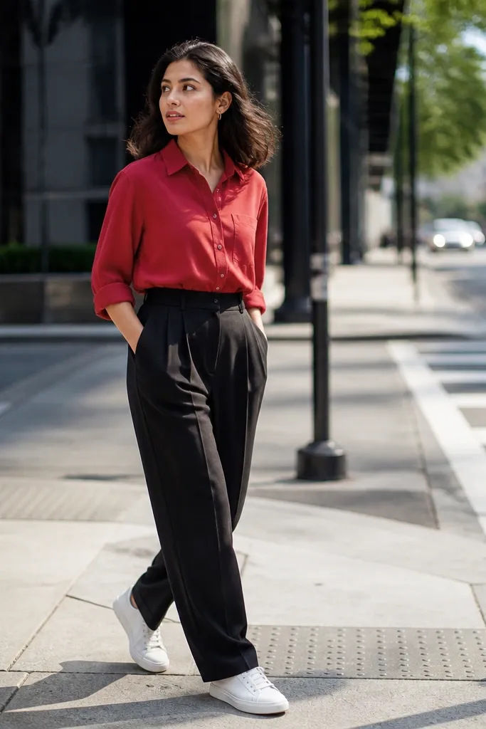 Red shirt with black pleated trousers and clean white sneakers