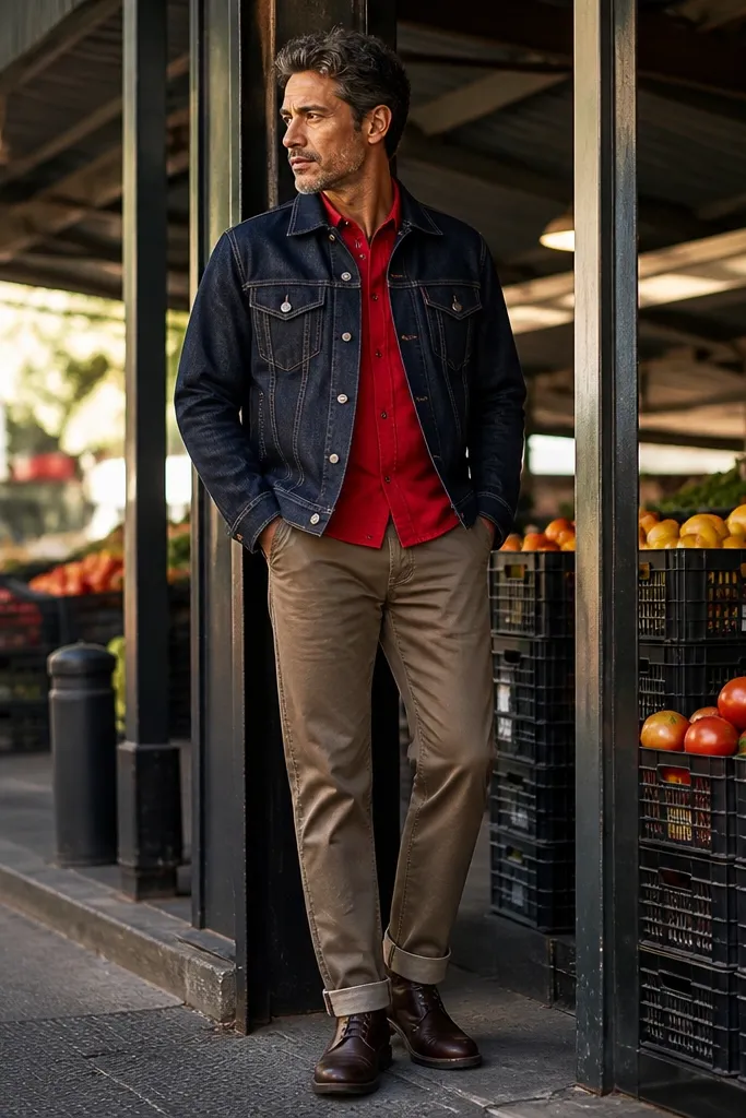 Red shirt with dark denim jacket and dark khaki chinos