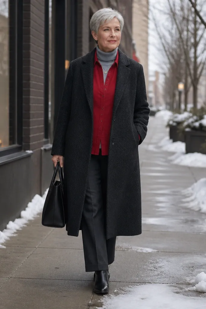 Red shirt layered over a gray turtleneck with a long dark coat