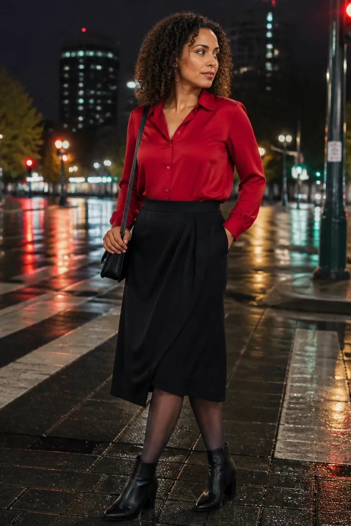 Red blouse with black midi skirt, sheer tights, and ankle boots