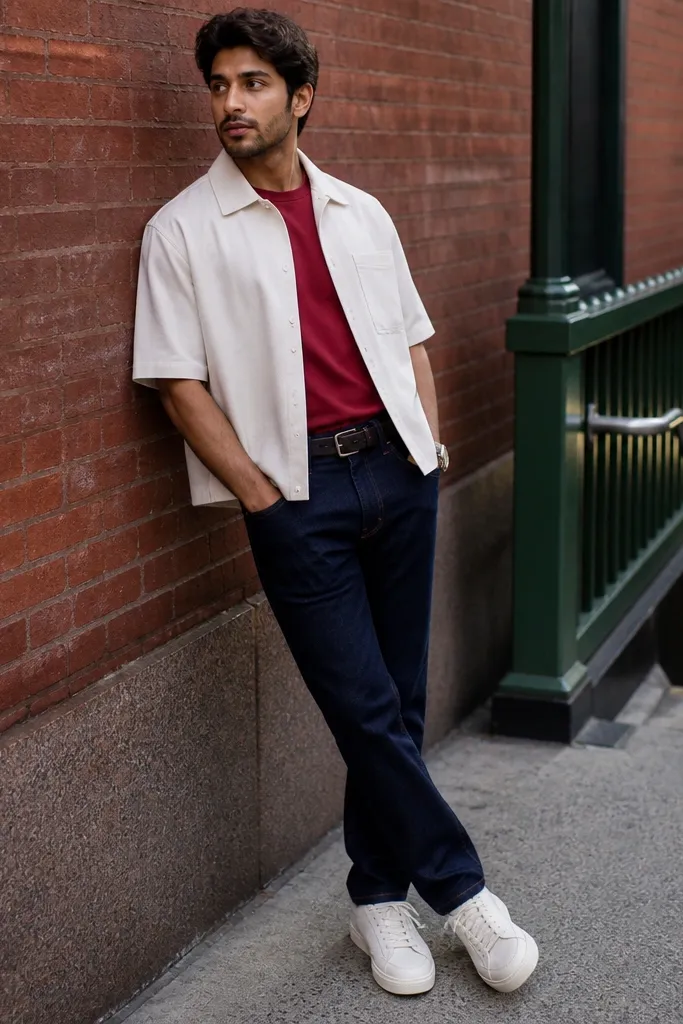 Red shirt with navy jeans, short overshirt, and cream sneakers