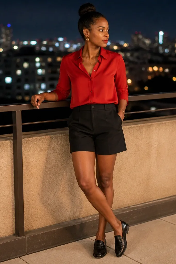 Red shirt with black tailored shorts and black loafers