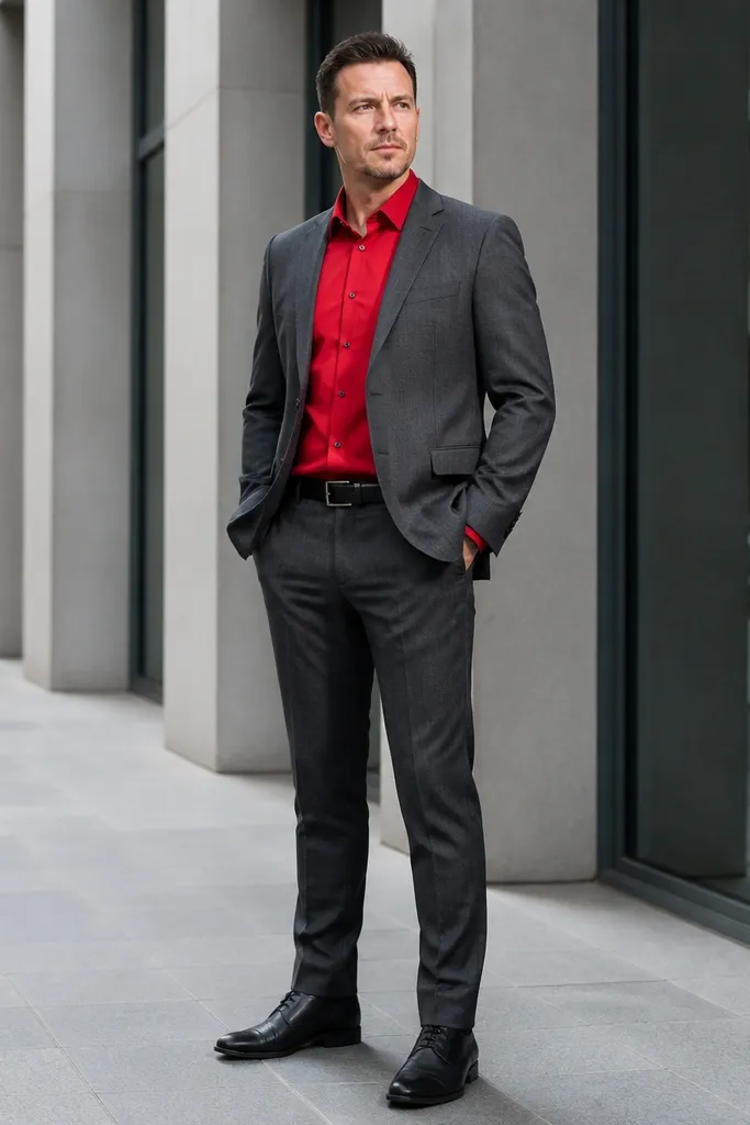 Red dress shirt with monochrome gray suit and black leather shoes