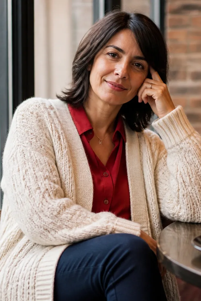 Red shirt with cream knit cardigan and navy jeans