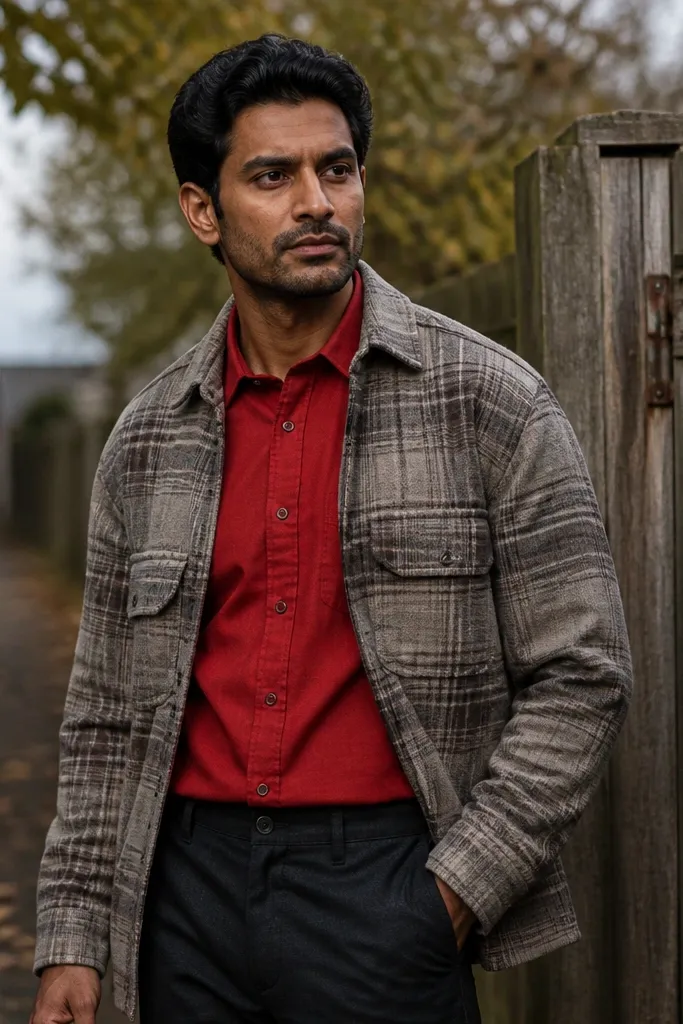 Red shirt under a neutral plaid overshirt with dark trousers