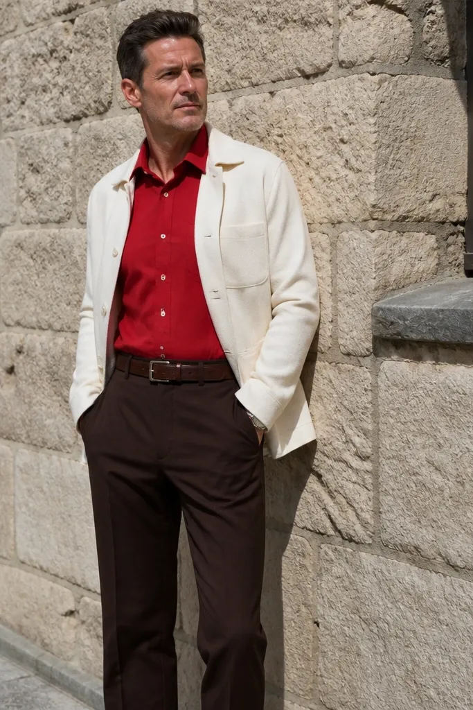 Red shirt with cream overshirt and dark brown trousers
