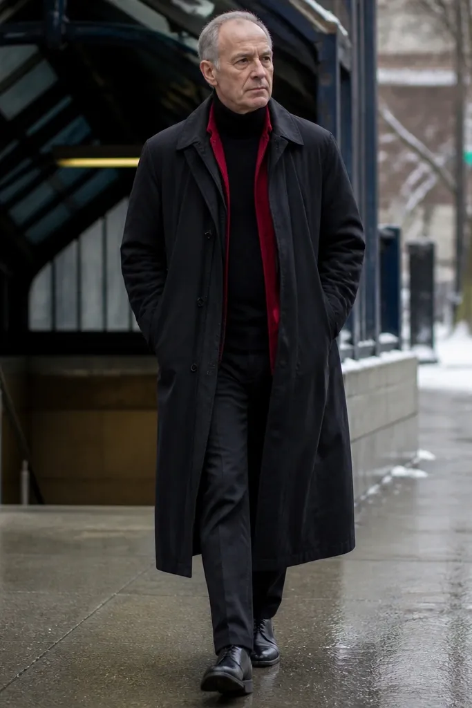 Red shirt over black turtleneck with long trench coat