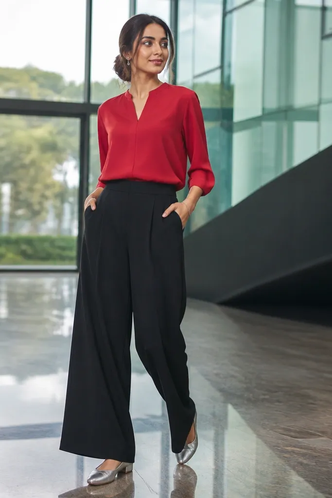 Red blouse with black wide-leg trousers and silver flats