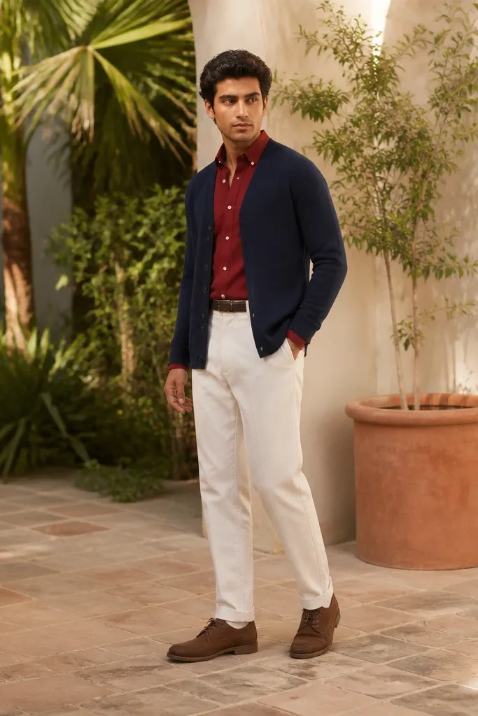 Red shirt with navy cardigan and white chinos with brown shoes