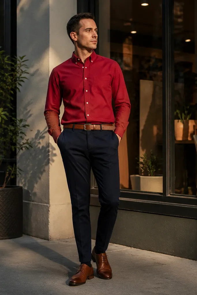 Cherry red button-down with navy chinos and brown leather derbies