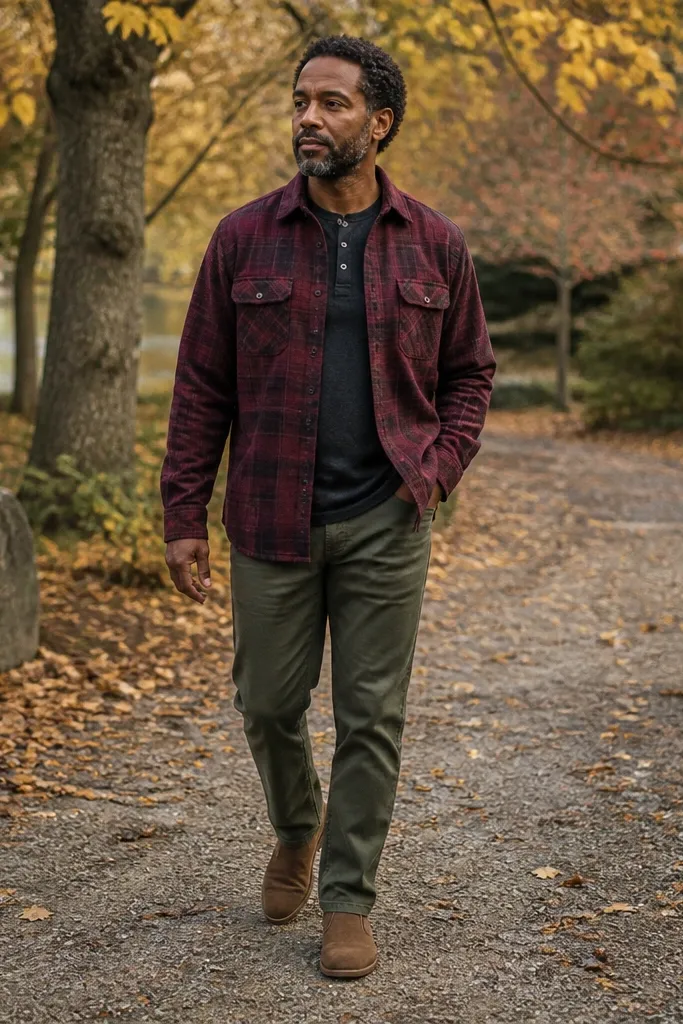 Burgundy flannel shirt with olive jeans and tan suede chukka boots
