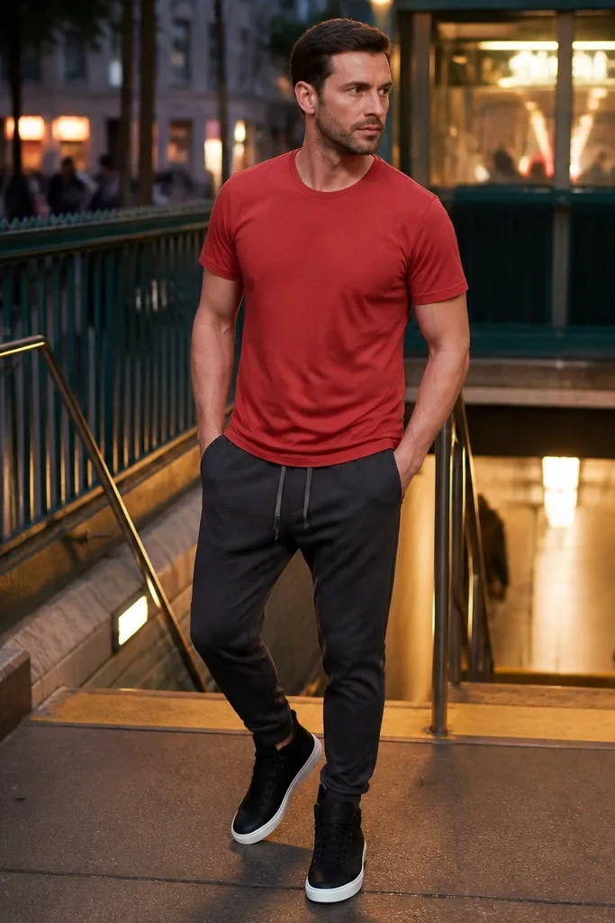 Red crew t-shirt with charcoal joggers and black high-top sneakers