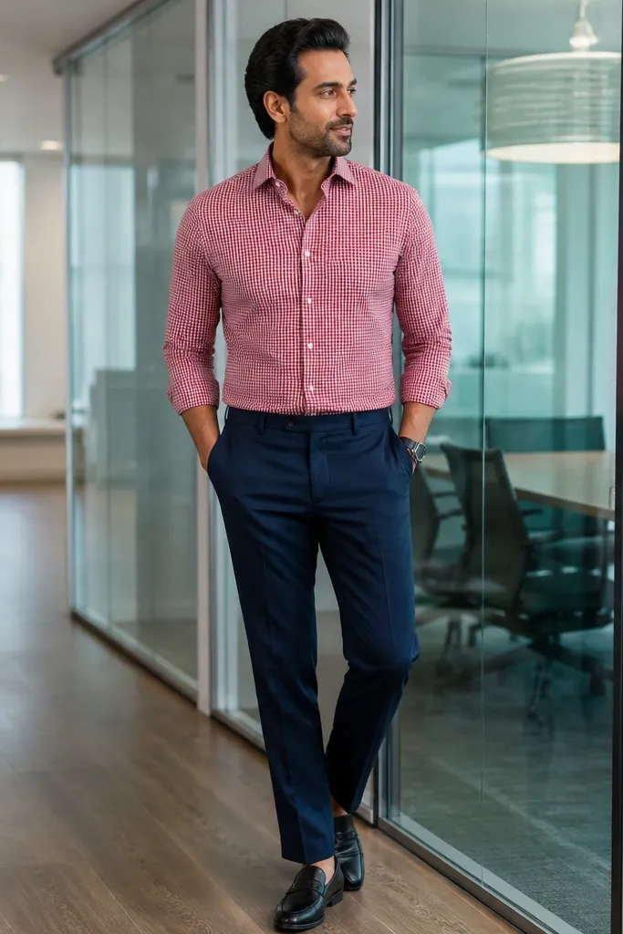 Red gingham shirt with navy trousers and black loafers