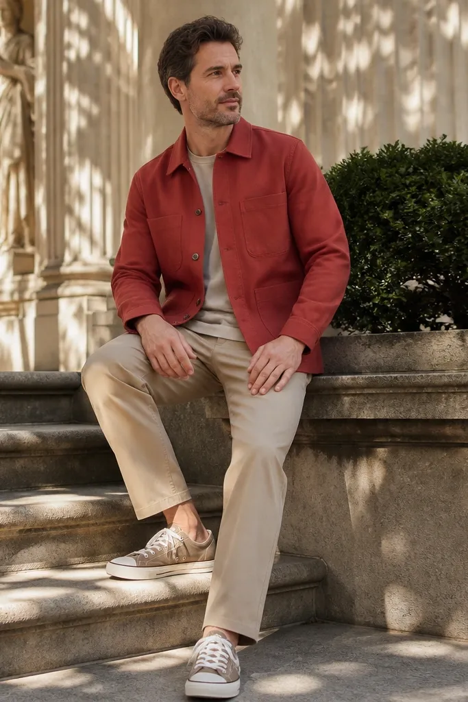 Red shirt jacket with beige chinos and tan canvas sneakers