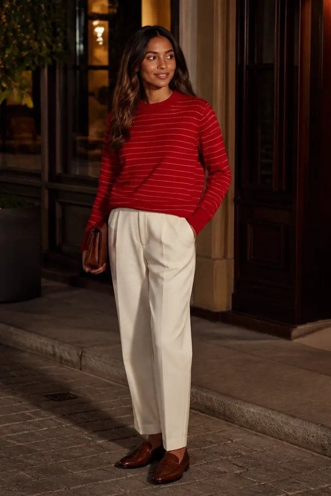 Red striped knit sweater with cream trousers and brown loafers