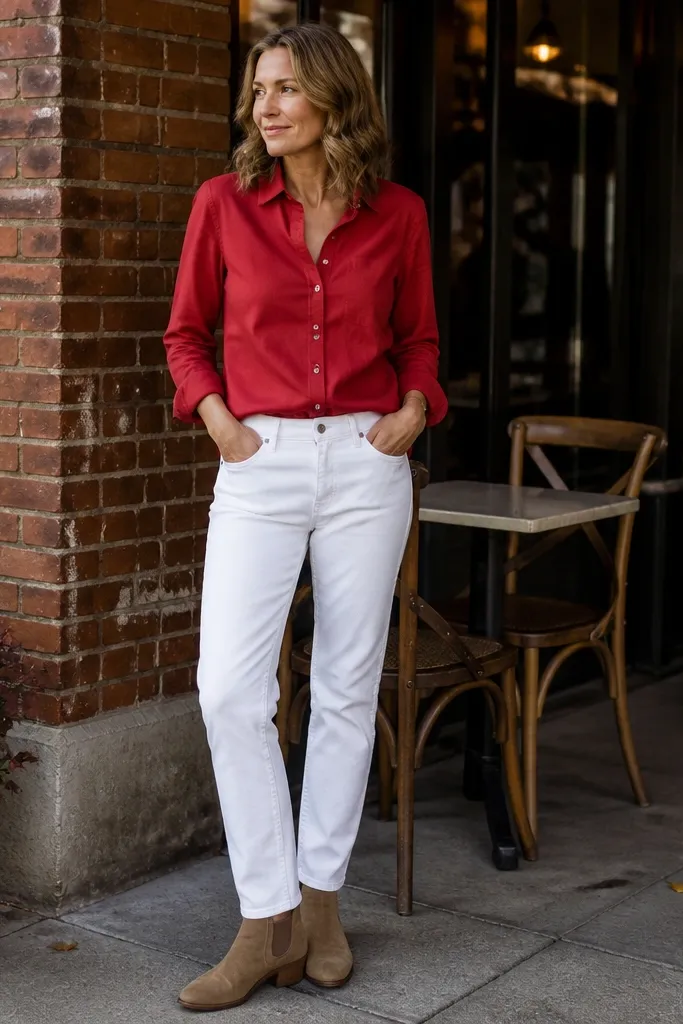 Red button-down with white jeans and tan suede Chelsea boots