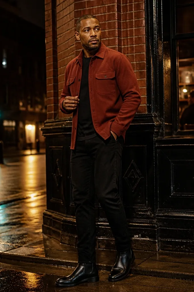 Brick red overshirt with black jeans and black Chelsea boots