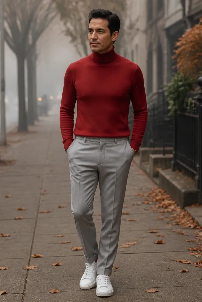 Red turtleneck tee with light grey trousers and white low sneakers