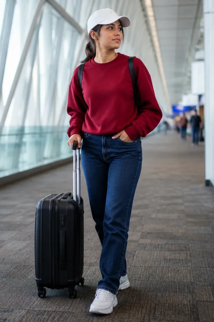 Red sweatshirt with navy denim jeans and white baseball cap
