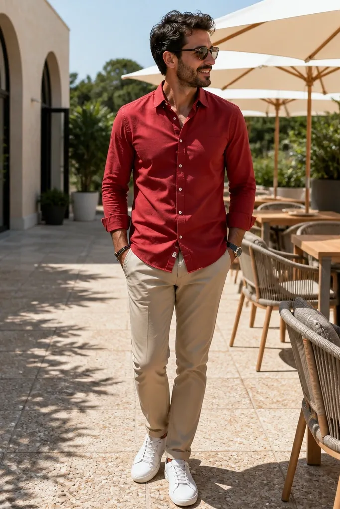 Red button-down shirt with khaki chinos and white sneakers