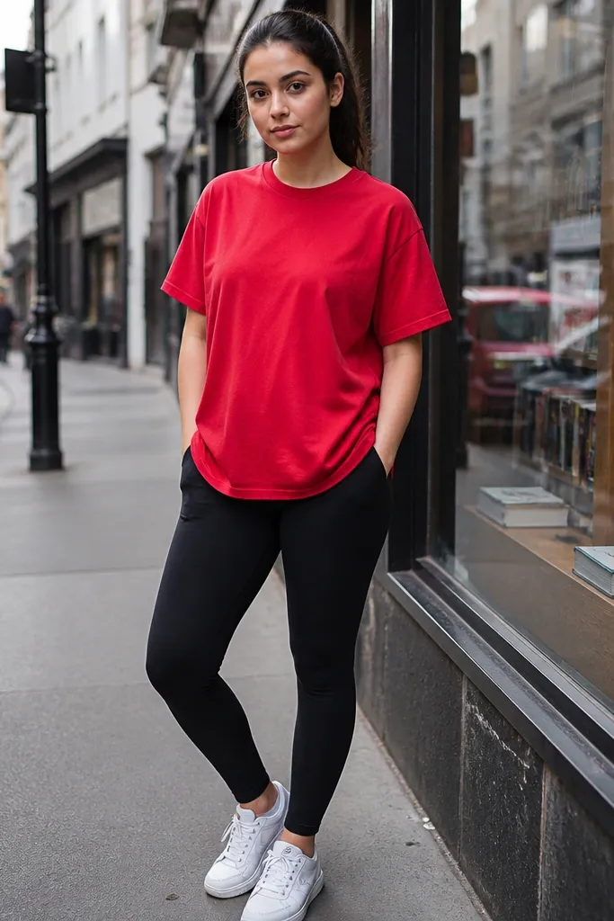 Red oversized shirt with black leggings and white sneakers