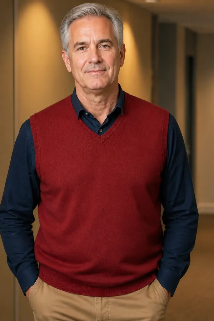 Red sweater vest over navy dress shirt with tan trousers