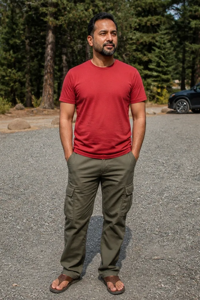 Red crew t-shirt with olive cargo pants and leather sandals