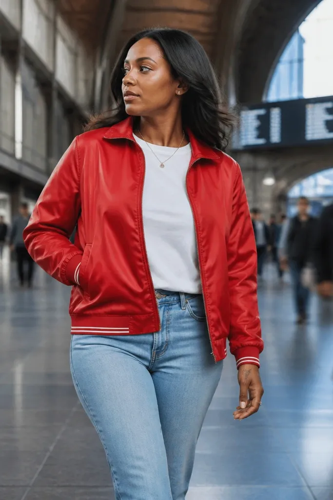 Red track jacket with white t-shirt and light blue jeans