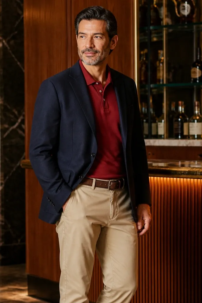 Red polo under a navy blazer with beige chinos