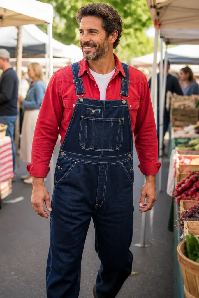 Red chambray shirt over a white tee with navy denim overalls