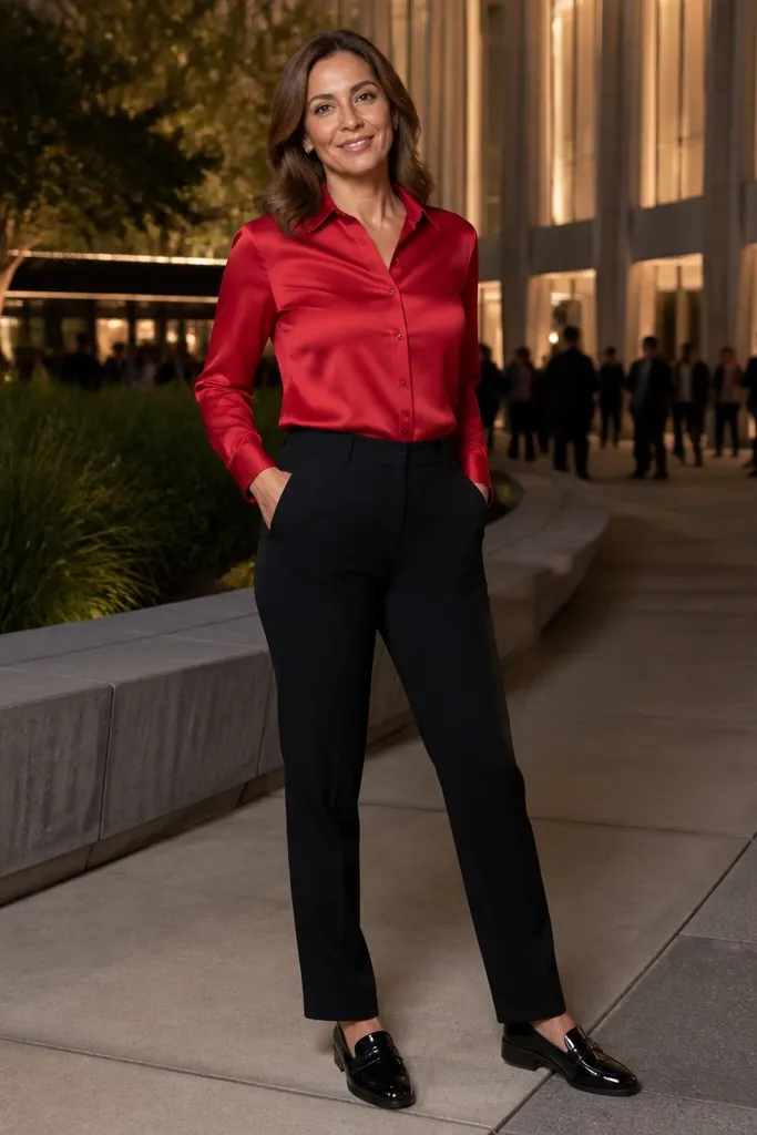 Red dress shirt with black trousers and patent loafers