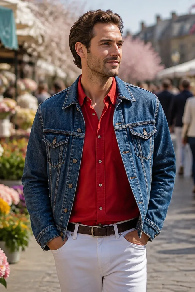 Red button-down under a blue denim jacket with white jeans